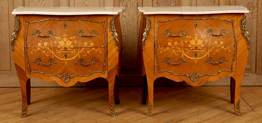 Appraisal: PAIR LOUIS XV STYLE TRAVERTINE TOP COMMODES A pair of