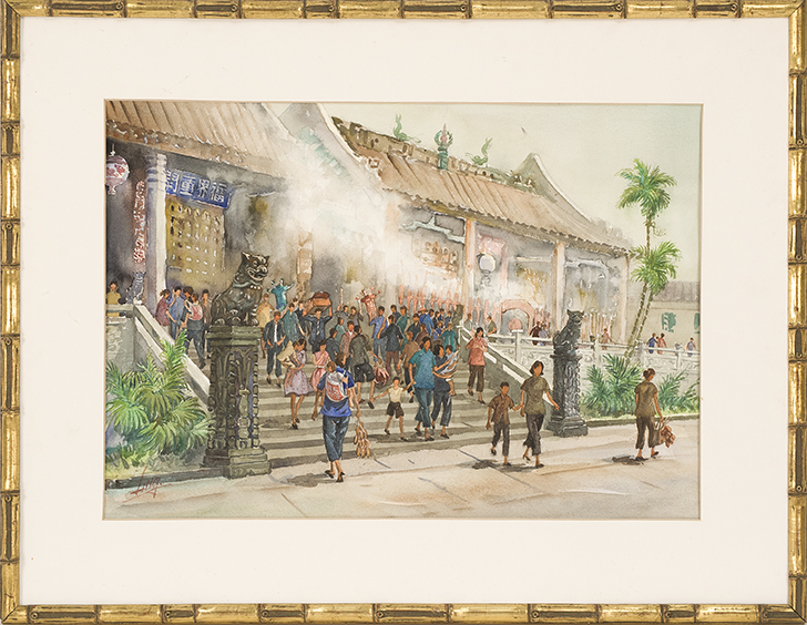 Appraisal: FRAMED WATERCOLOR UNTRACED ARTIST Chinese Figures on the steps of