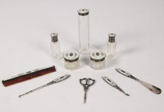 Appraisal: PIECE FRENCH ENAMEL DRESSING SET WITH FINE GUILLOCHE WORK ON