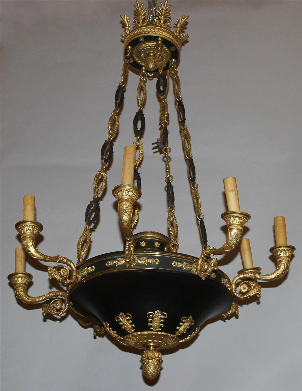 Appraisal: FRENCH EMPIRE REVIVAL GILT AND PATINATED BRONZE NINE LIGHT CHANDELIER