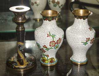 Appraisal: Pieces of Asian Cloisonn Pair of Vases H Candlestick H