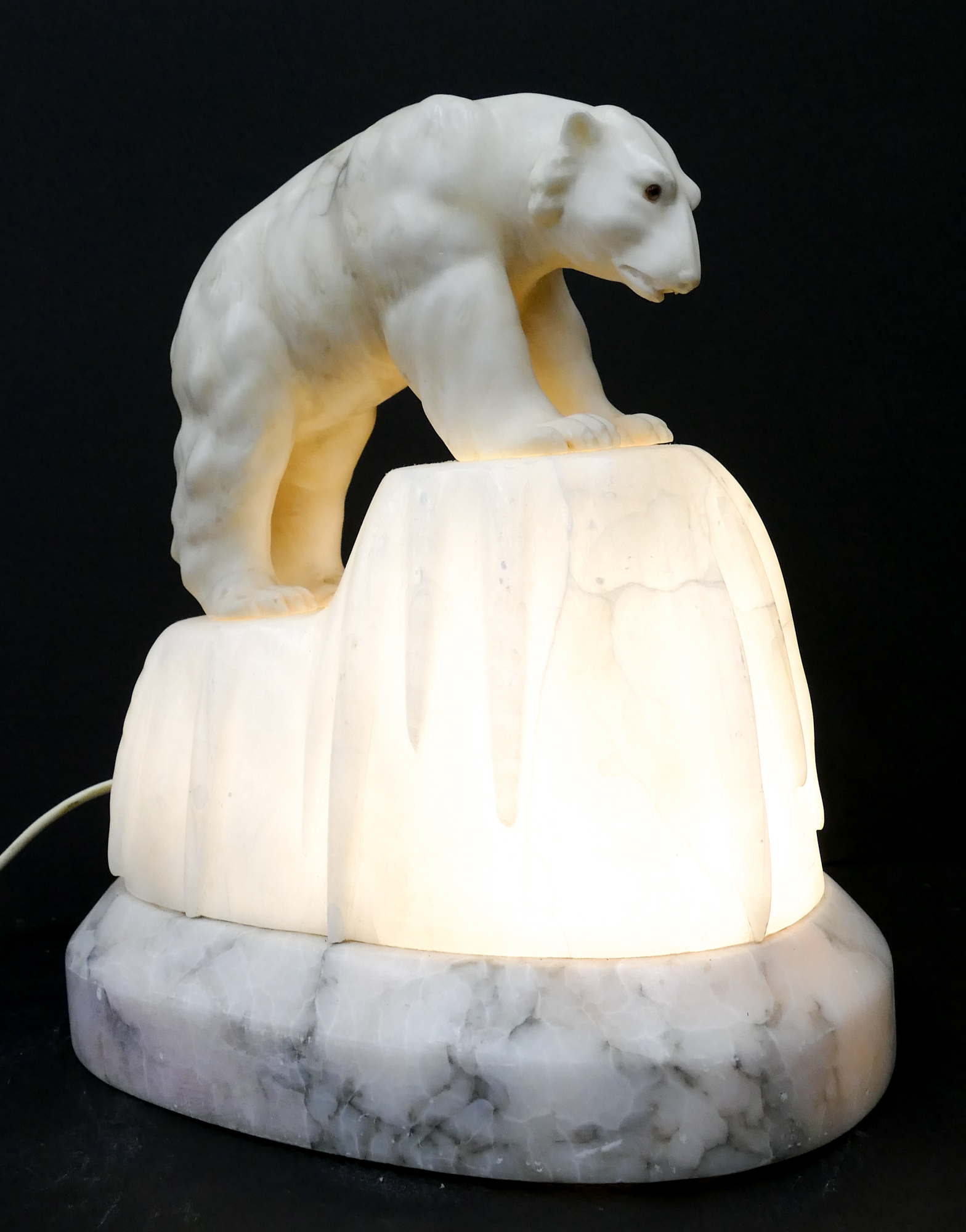 Appraisal: Art Deco Carved Alabaster Polar Bear Accent Lamp Likely Italian