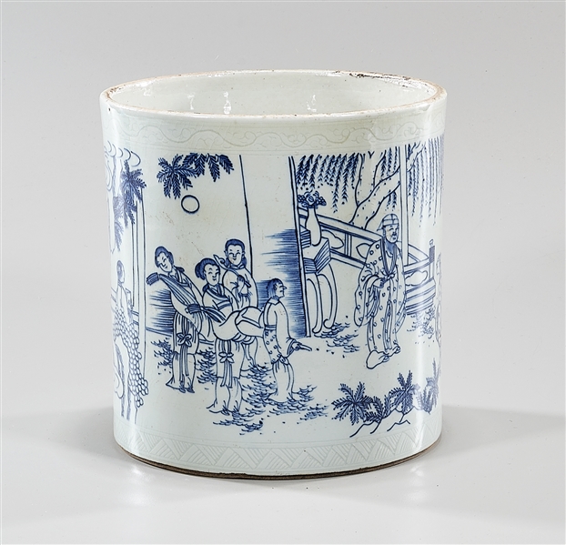 Appraisal: Chinese blue and white porcelain brush pot depicting a figural