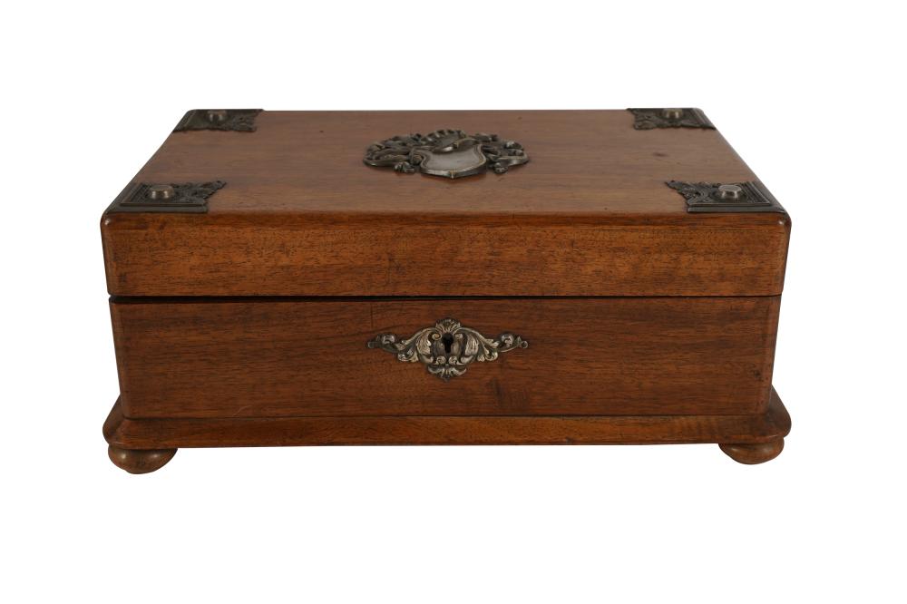 Appraisal: METAL-MOUNTED MAHOGANY GAME BOXthe hinged lid enclosing a divided interior