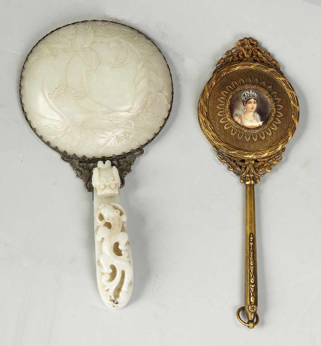 Appraisal: Hand Mirror w Miniature on Ivory th cent Ivory sgn