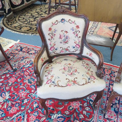 Appraisal: French Carved Chair needlepoint floral circa