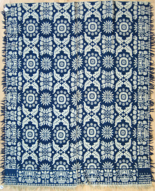 Appraisal: Blue and white jacquard coverlet dated together with an overshot