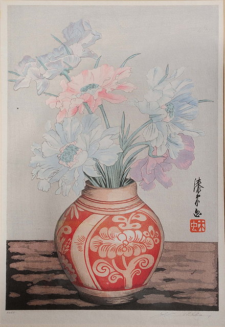 Appraisal: Yoshijiro Urushibara Japanese - Blue and pink flowers in a