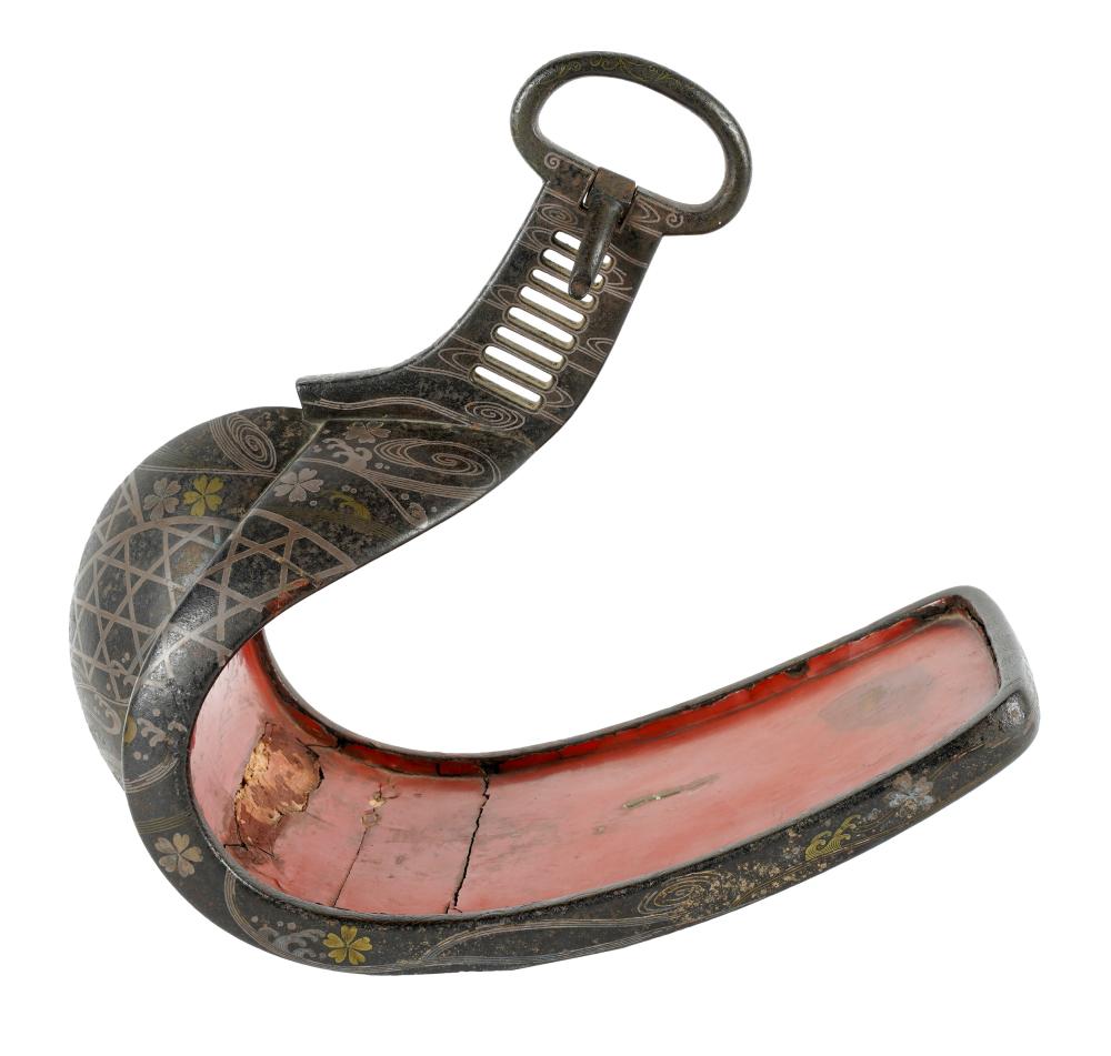 Appraisal: JAPANESE STIRRUPTokugawa period bronze inlaid with silver and brass red