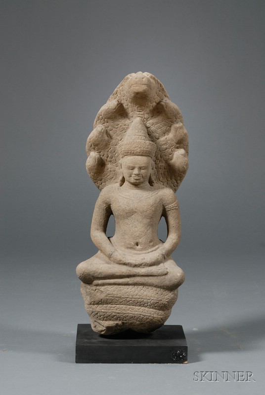 Appraisal: Gray Sandstone Carving Khmer th century seated figure of Naga