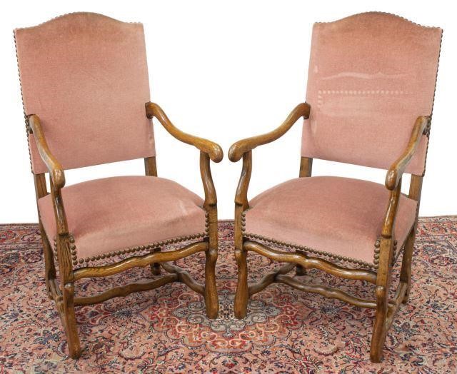 Appraisal: pair French Louis XIV style highback armchairs th c walnut