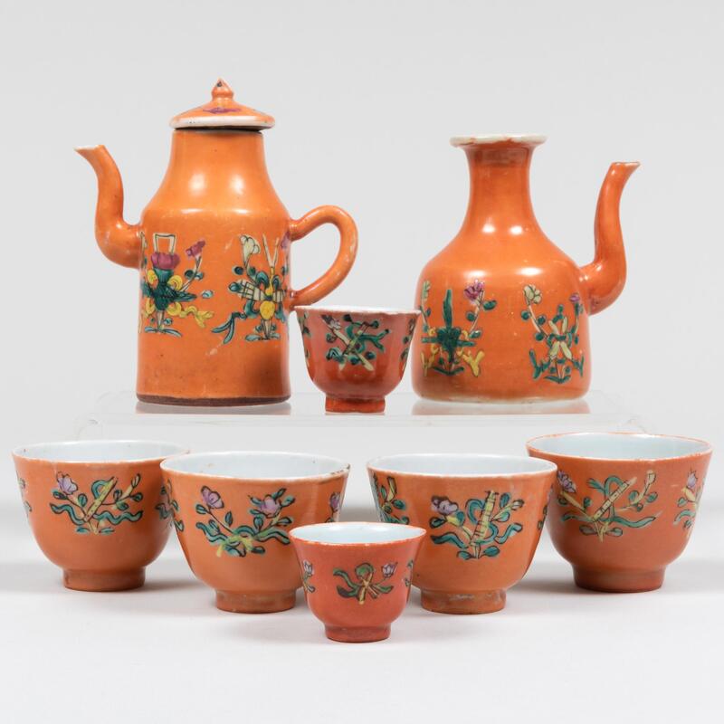 Appraisal: Chinese Iron Red Ground Porcelain Set Some with red marks