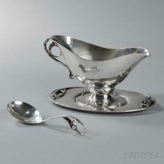 Appraisal: Georg Jensen Sterling Silver Sauceboat Undertray and Ladle Denmark sauceboat