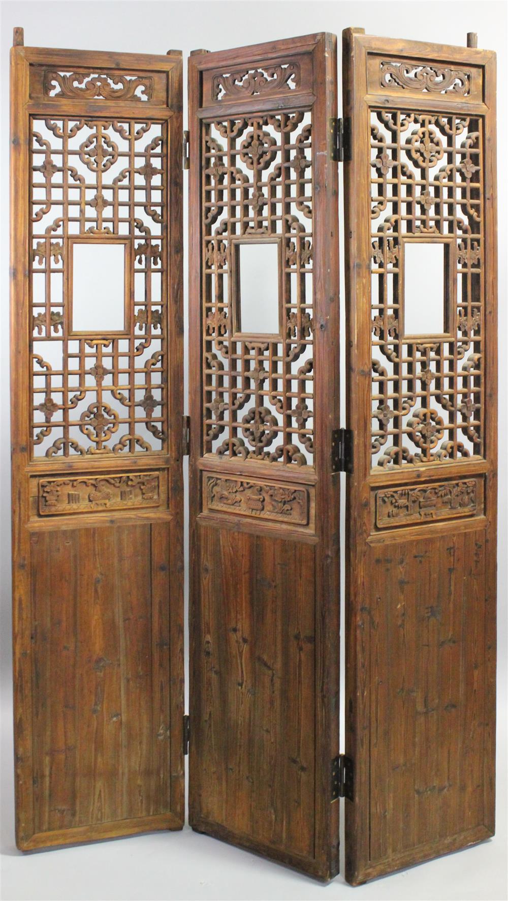 Appraisal: CHINESE PROVINCIAL SOFTWOOD THREE-PANEL SCREEN each panel with solid lower