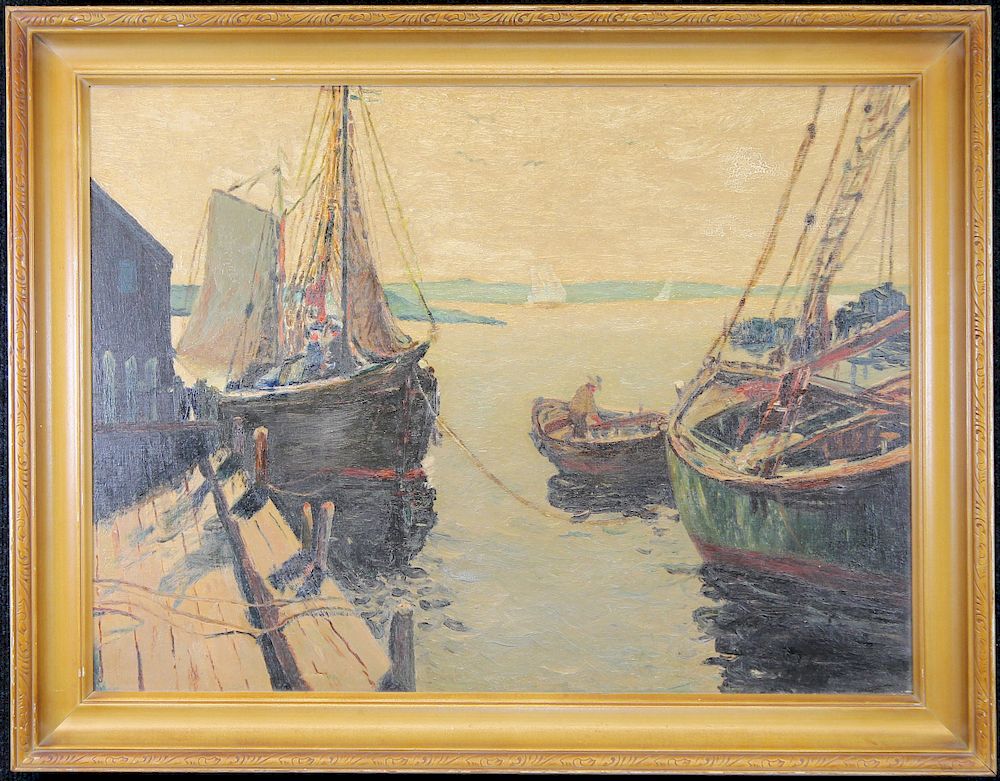 Appraisal: th C New England Harbor Scene Signed th C New