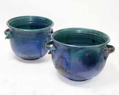 Appraisal: Two large two-handled planters blue green glaze incised A mark