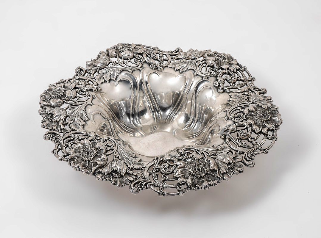 Appraisal: DOMINICK HAFF RETICULATED STERLING CENTER BOWL Open work reticulated rim