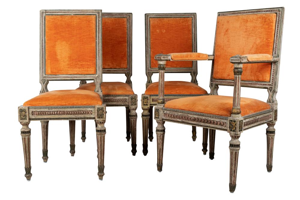 Appraisal: FOUR ITALIAN NEOCLASSIC PAINTED CHAIRScomprising one armchair and three side