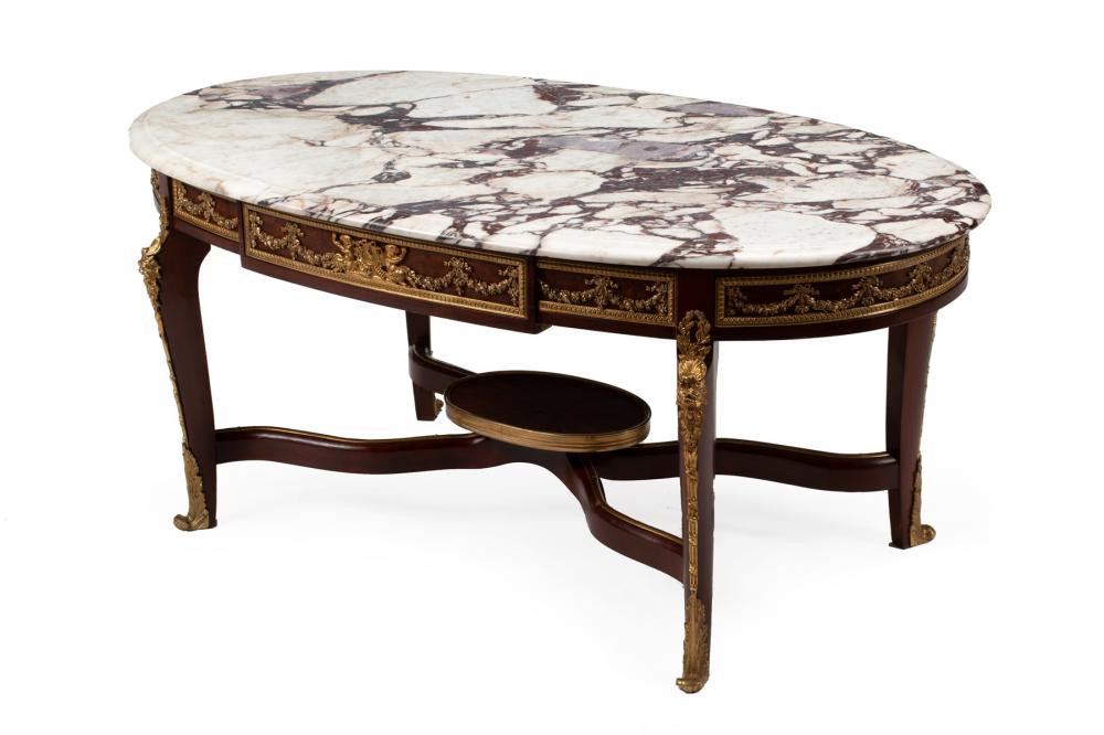 Appraisal: Louis XVI-Style Bronze-Mounted Mahogany Low Table oval marble top frieze