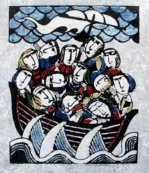 Appraisal: Sada Wantanabe Figures in a Boat Woodblock print height in