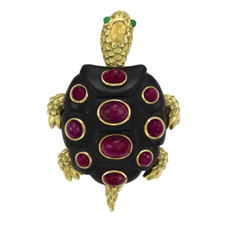 Appraisal: Gold Carved Ebony Citrine and Cabochon Ruby Turtle Clip-Brooch Seaman