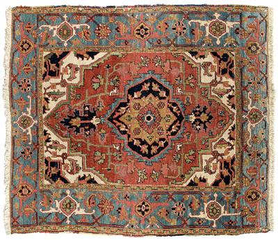 Appraisal: Unusual Heriz or Serapi rug typical designs on a red