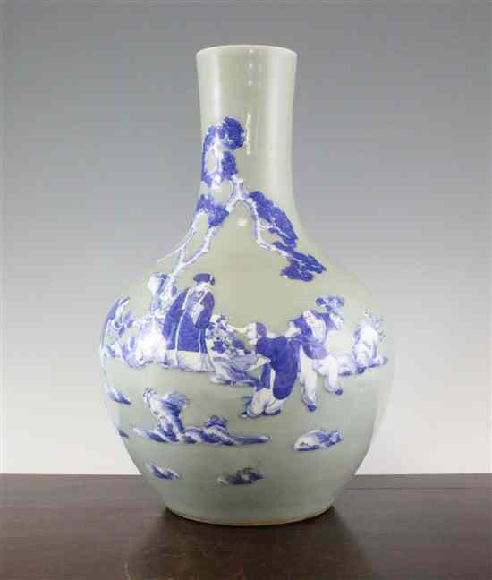 Appraisal: A large Chinese celadon glazed and underglaze blue bottle vase