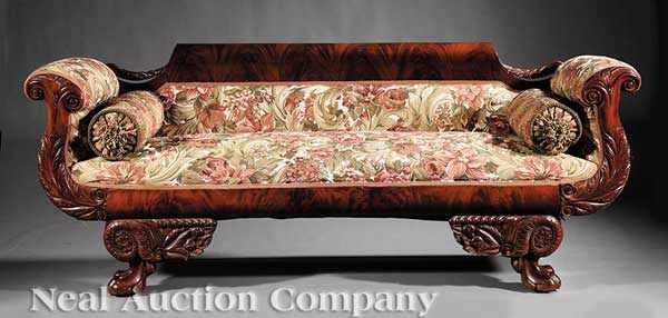 Appraisal: An American Classical Carved Mahogany Sofa th c Philadelphia scrolled