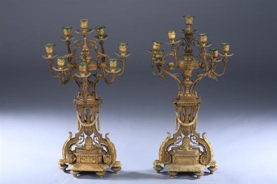 Appraisal: PAIR LOUIS XVI-STYLE BRONZE-DOR EIGHT-LIGHT CANDELABRA th century Shaped base