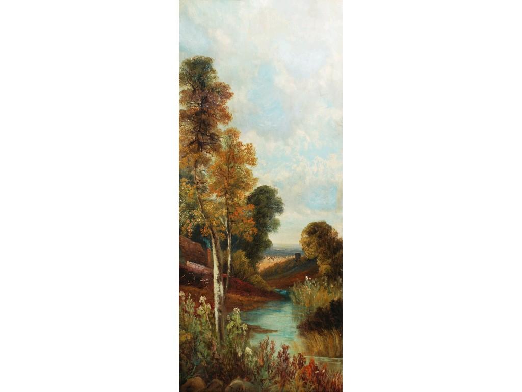 Appraisal: T HALL EARLY TH CENTURY OIL PAINTING ON PANELWooded river