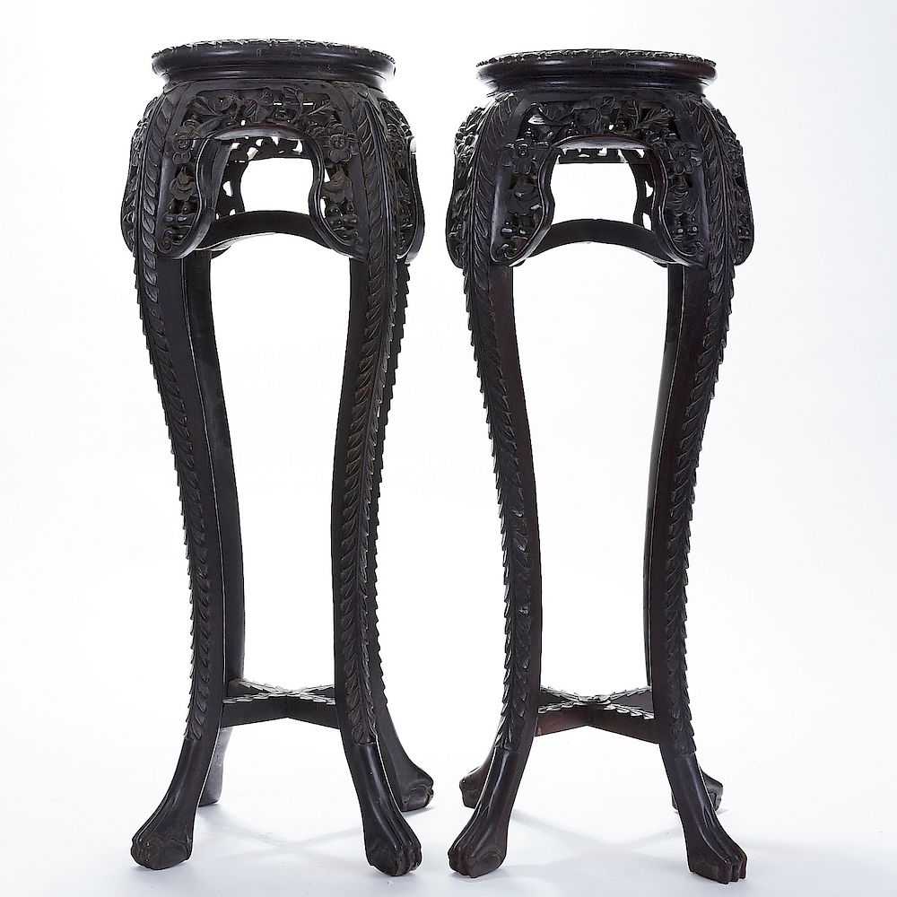 Appraisal: Pair Chinese Carved Rosewood Plant Stands w Marble Inset A