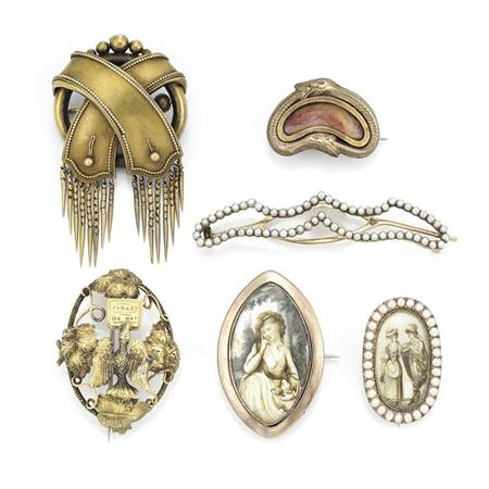 Appraisal: Five Antique Brooches and One Barrette Estimate -