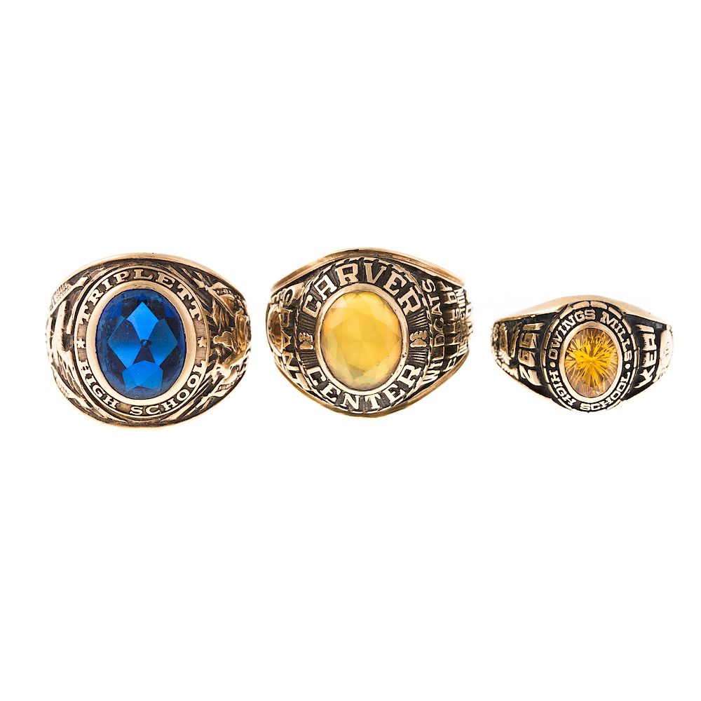 Appraisal: A Trio of Gold Gemstone Class Rings in K K