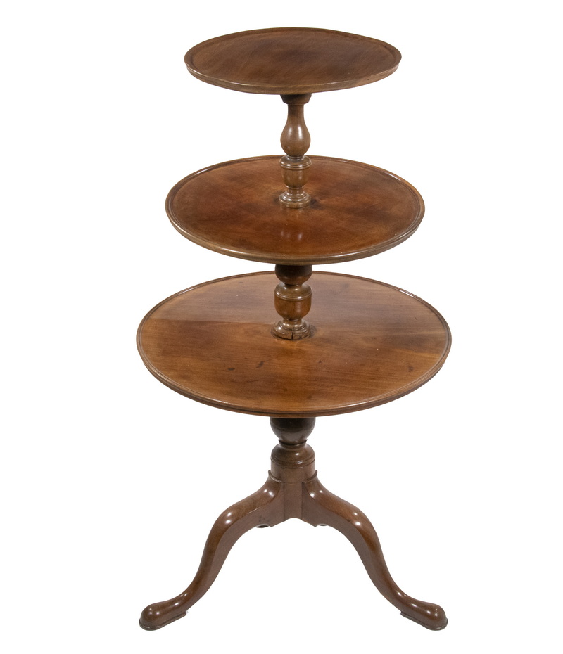 Appraisal: TH C THREE-TIER ENGLISH MAHOGANY TEA SERVER Three Round Dished