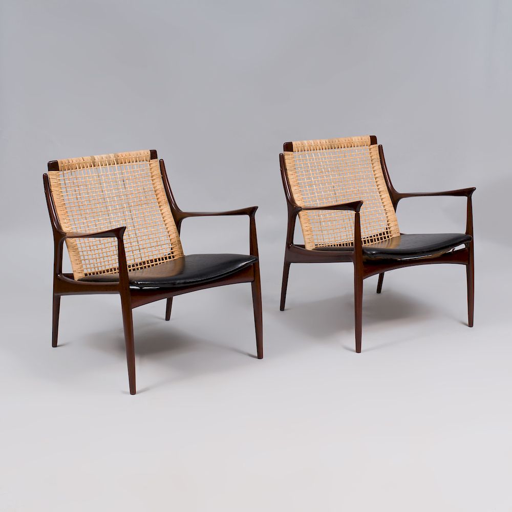 Appraisal: Pair of Modern Stained Wood and Caned Lounge Chairs x