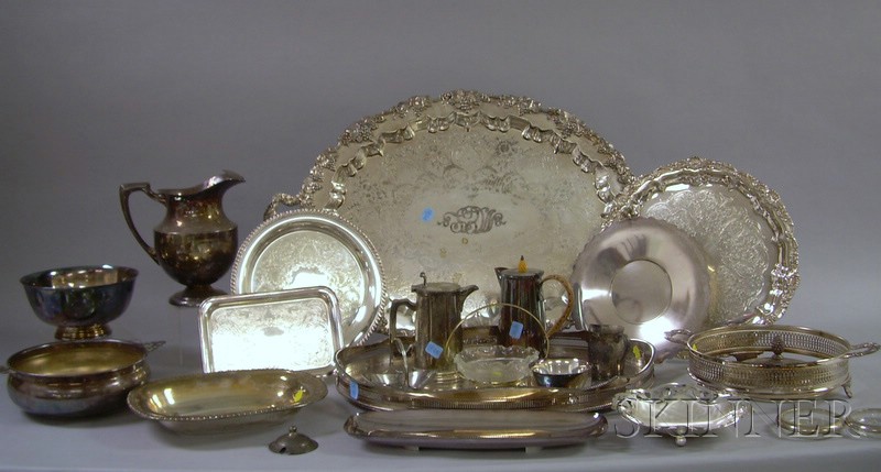 Appraisal: Approximately Twenty Silver Plated Serving Items including trays water pitcher