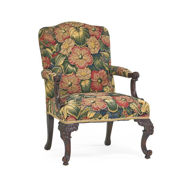 Appraisal: IRISH CHIPPENDALE ARMCHAIR Mahogany frame upholstered seat and back carved