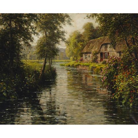 Appraisal: Louis Aston Knight - COTTAGE IN BLOOM ON A RIVER