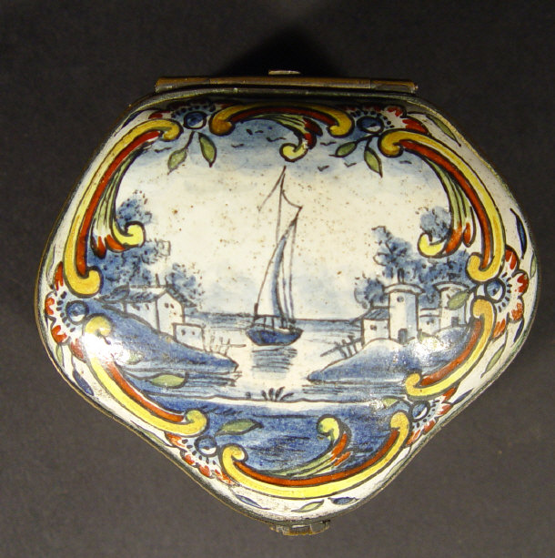 Appraisal: th Century tin glazed snuff box with metal mounts the