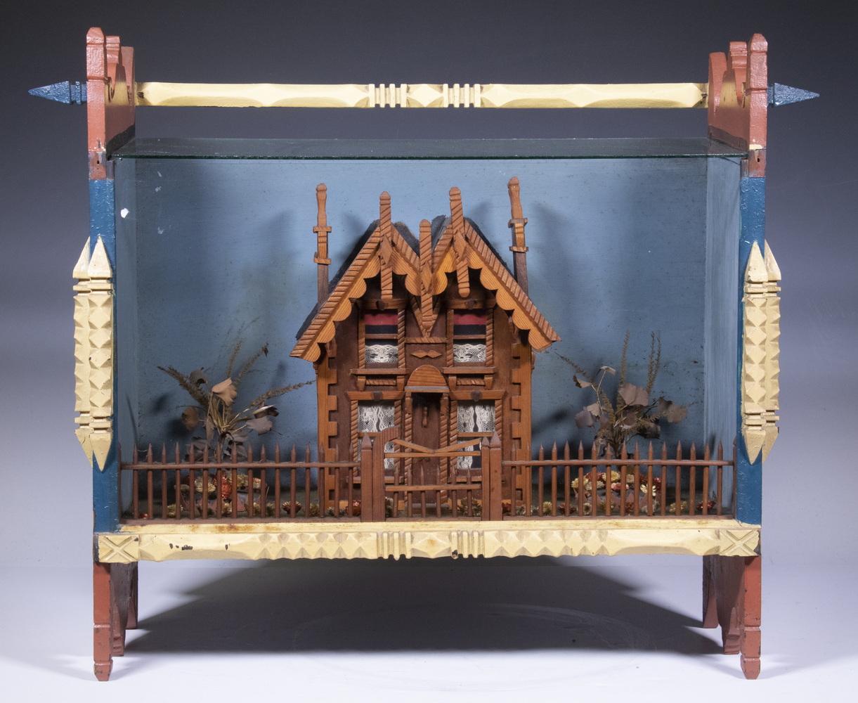 Appraisal: FOLK ART MODEL HOUSE IN TRAMP ART CASE Hand Crafted