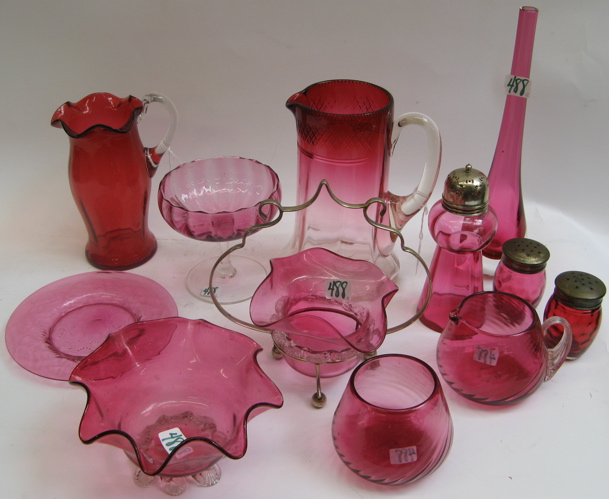 Appraisal: GROUP OF TWELVE CRANBERRY GLASS ITEMS sugar shaker with plated