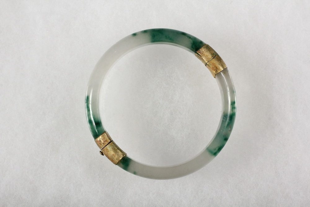 Appraisal: BRACELET - Chinese White and Green Jade Hinged Bangle Bracelet