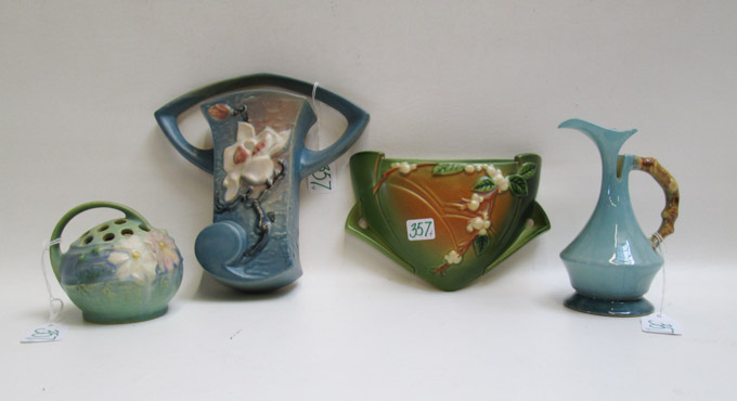 Appraisal: FOUR ROSEVILLE ART POTTERY PIECES Snowberry pattern of wall pocket