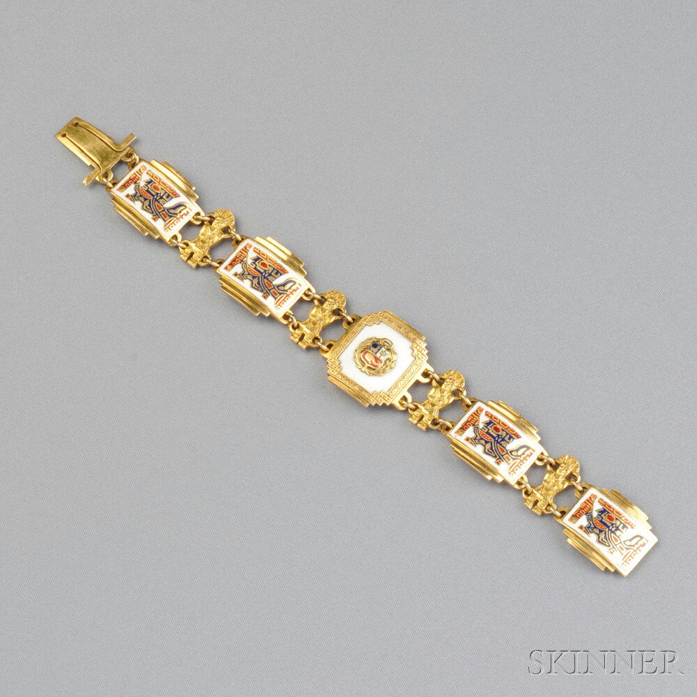 Appraisal: kt Gold and Enamel Bracelet the central panel depicting the