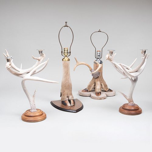 Appraisal: TWO DEER TROPHY LAMPS AND A PAIR OF TWO-LIGHT ANTLER