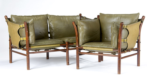 Appraisal: ARNE NORELL Pine settee and chair with green leather cushions