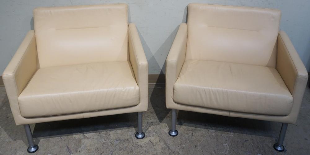 Appraisal: Pair Brayton International Modernist Beige Leather Upholstered Armchairs