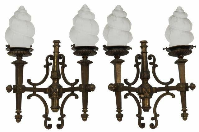 Appraisal: pair French brass two-light sconces early th c scroll bracketed