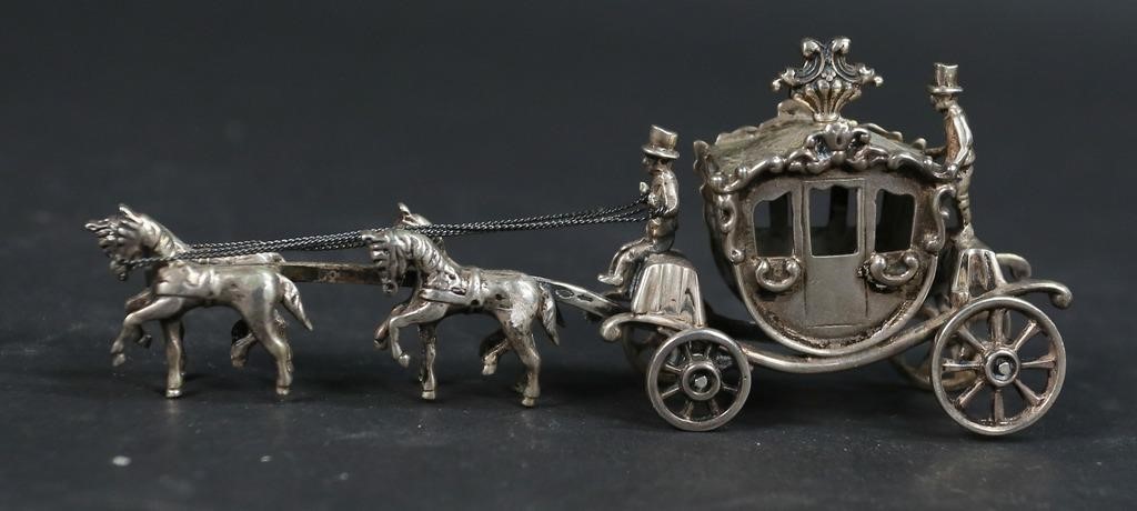 Appraisal: Dutch silver horse drawn carriage miniature Dutch hallmarks below rider's