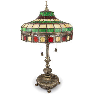 Appraisal: A Leaded Glass and Cast Metal Table Lamp Early th